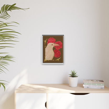 Small framed matte canvas print: white bird with red peonies and gold vines.
