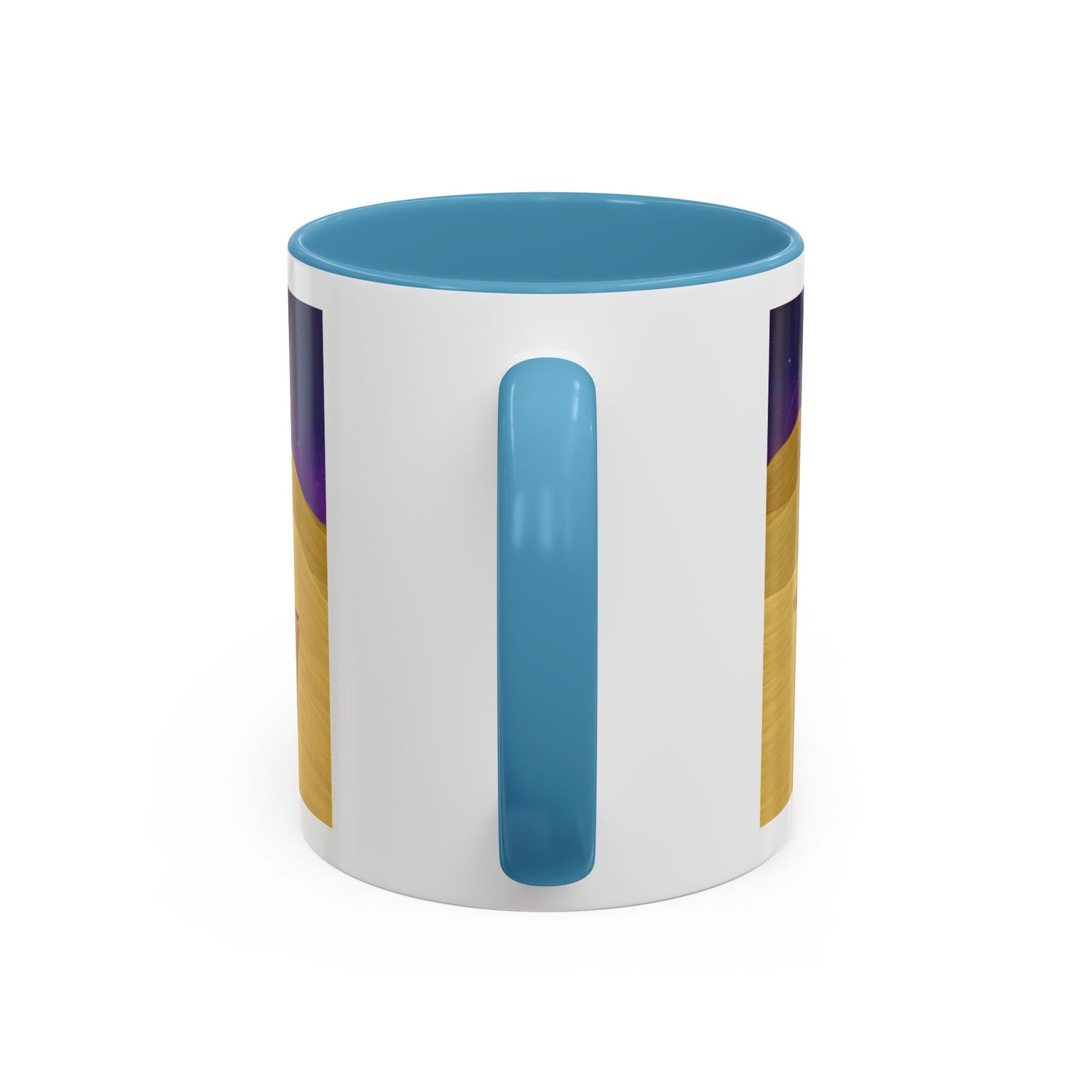 Coffee mug with blue handle and rim, white body, vertical blue stripe graphic on side