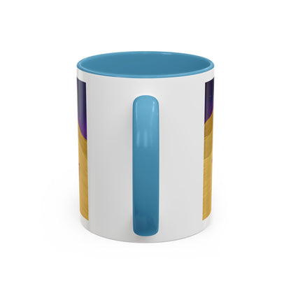 Coffee mug with blue handle and rim, white body, vertical blue stripe graphic on side