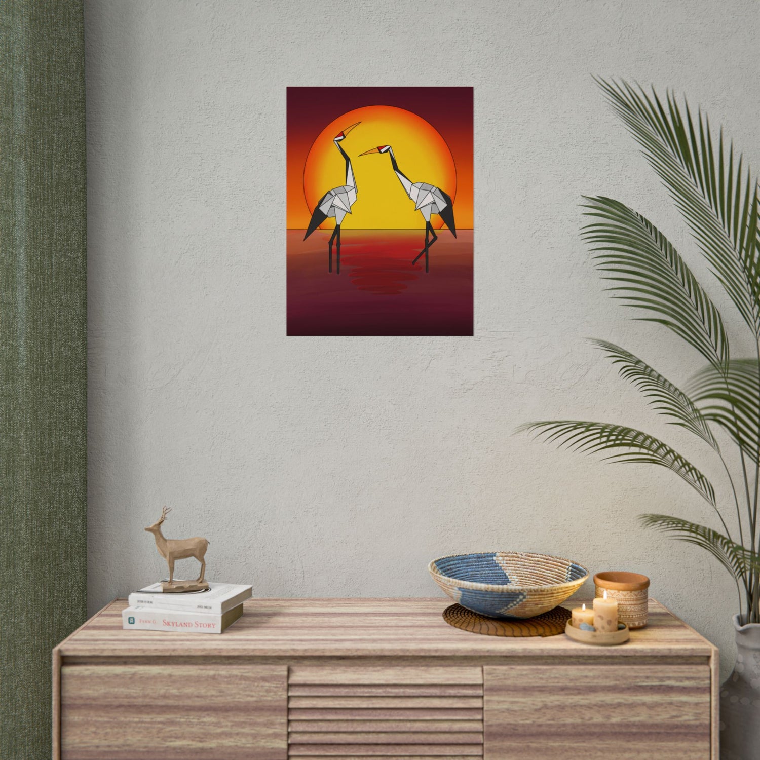 Small sunset origami crane poster showing two yellow cranes beneath an orange circle