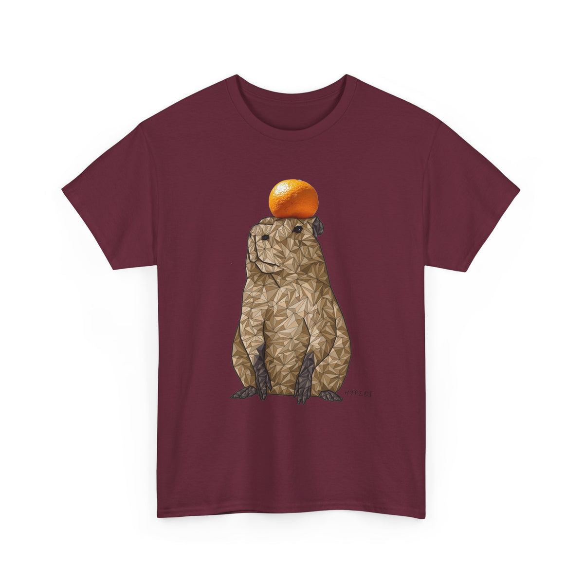 Unisex maroon crewneck t-shirt with polygon capybara and orange fruit front graphic