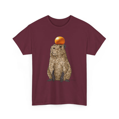 Unisex maroon crewneck t-shirt with polygon capybara and orange fruit front graphic