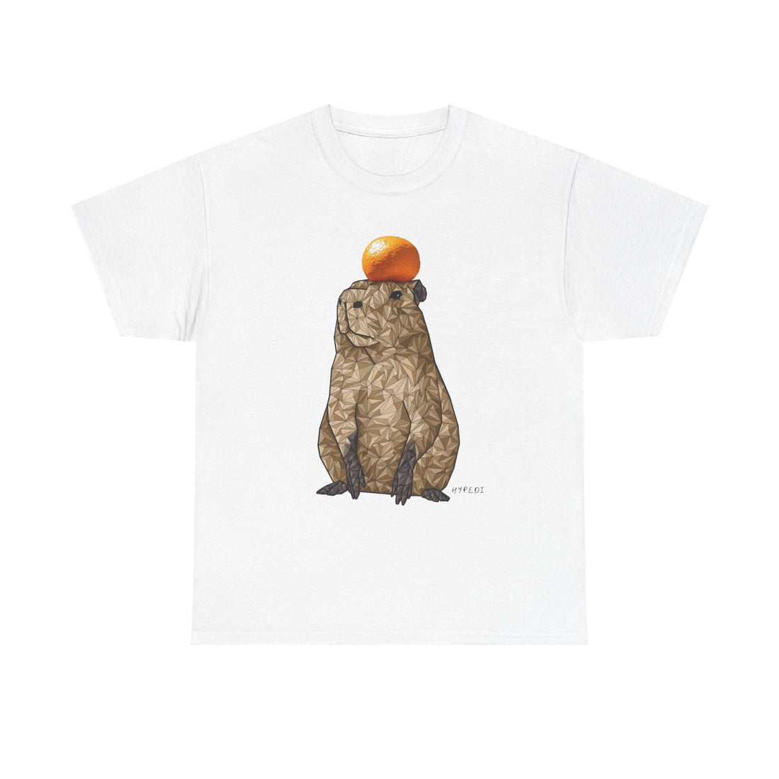 White unisex T-shirt with capybara holding an orange graphic on front