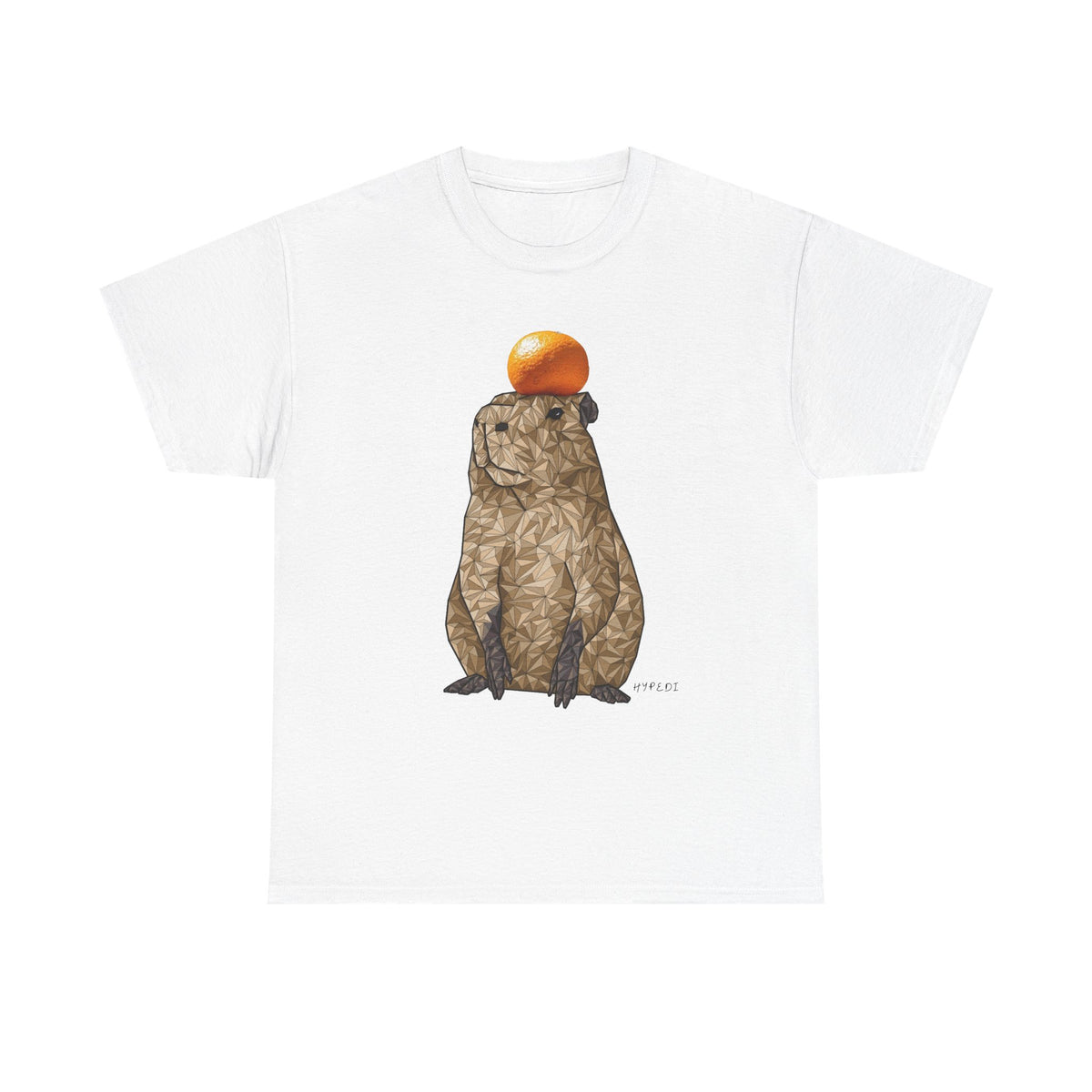 White unisex T-shirt with capybara holding an orange graphic on front