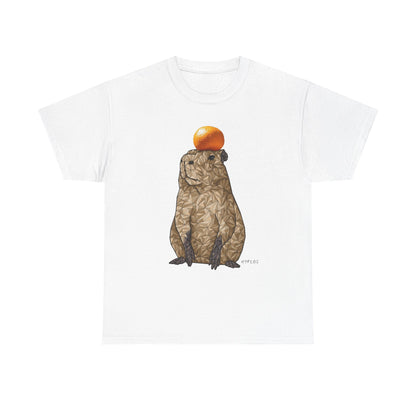 White unisex T-shirt with capybara holding an orange graphic on front