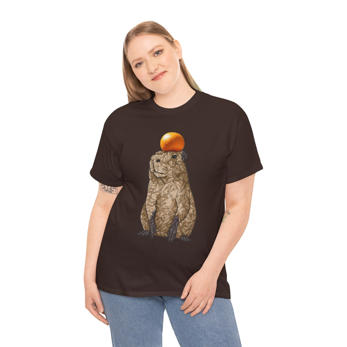 Unisex heavy cotton t-shirt, dark brown, capybara graphic with orange fruit