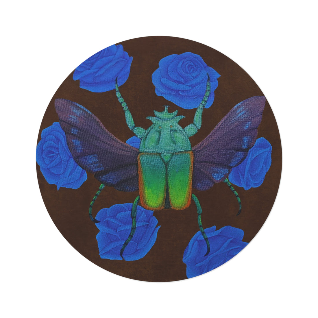 Round rug close-up: green beetle with blue roses on dark brown background
