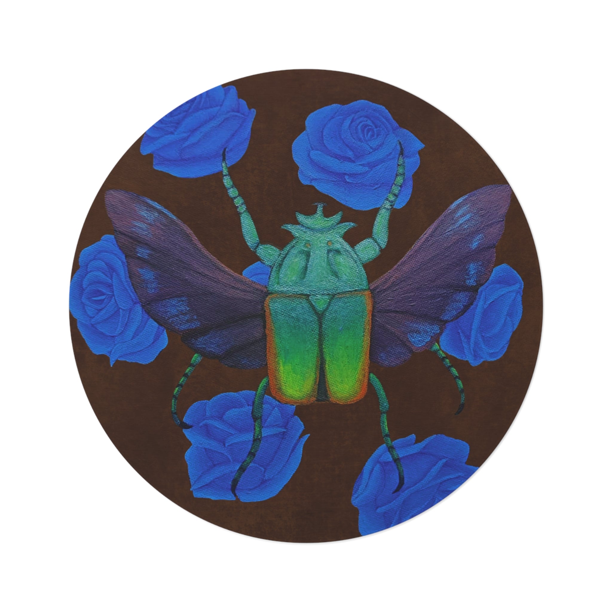 Round rug close-up: green beetle with blue roses on dark brown background