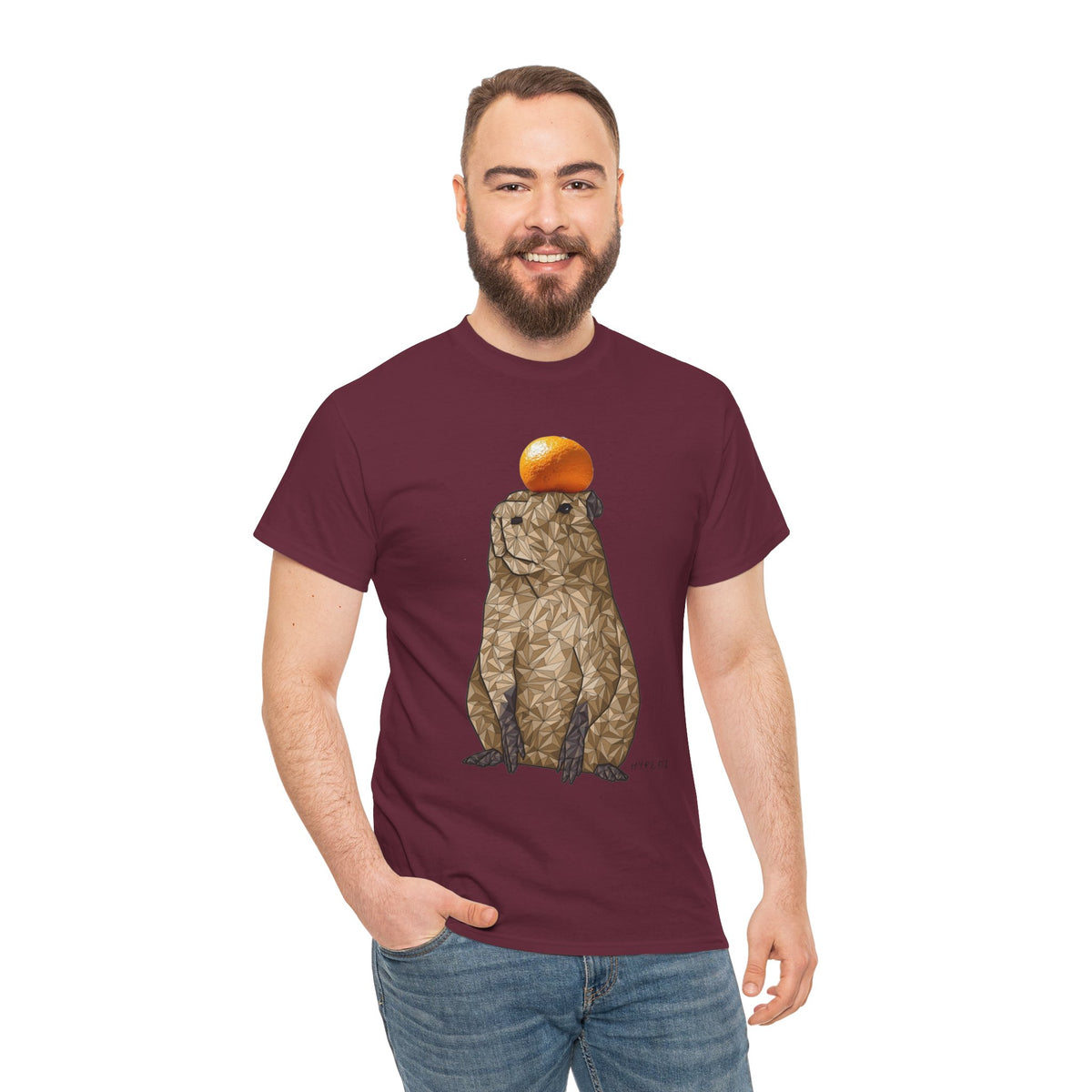 Unisex maroon crewneck t-shirt with polygon capybara and orange fruit front graphic