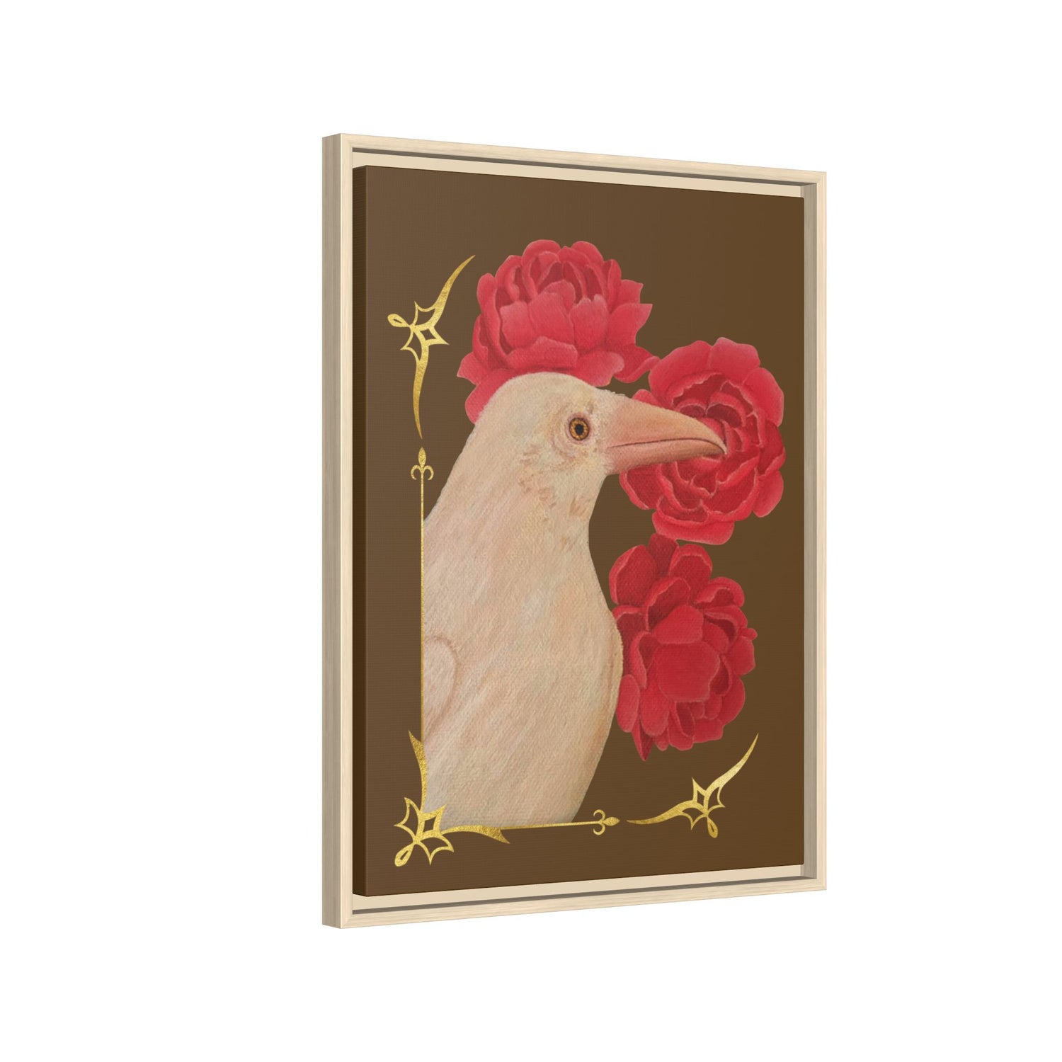 Framed matte canvas wall art showing a white bird and red peonies, natural wood frame