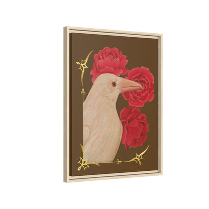 Framed matte canvas wall art showing a white bird and red peonies, natural wood frame