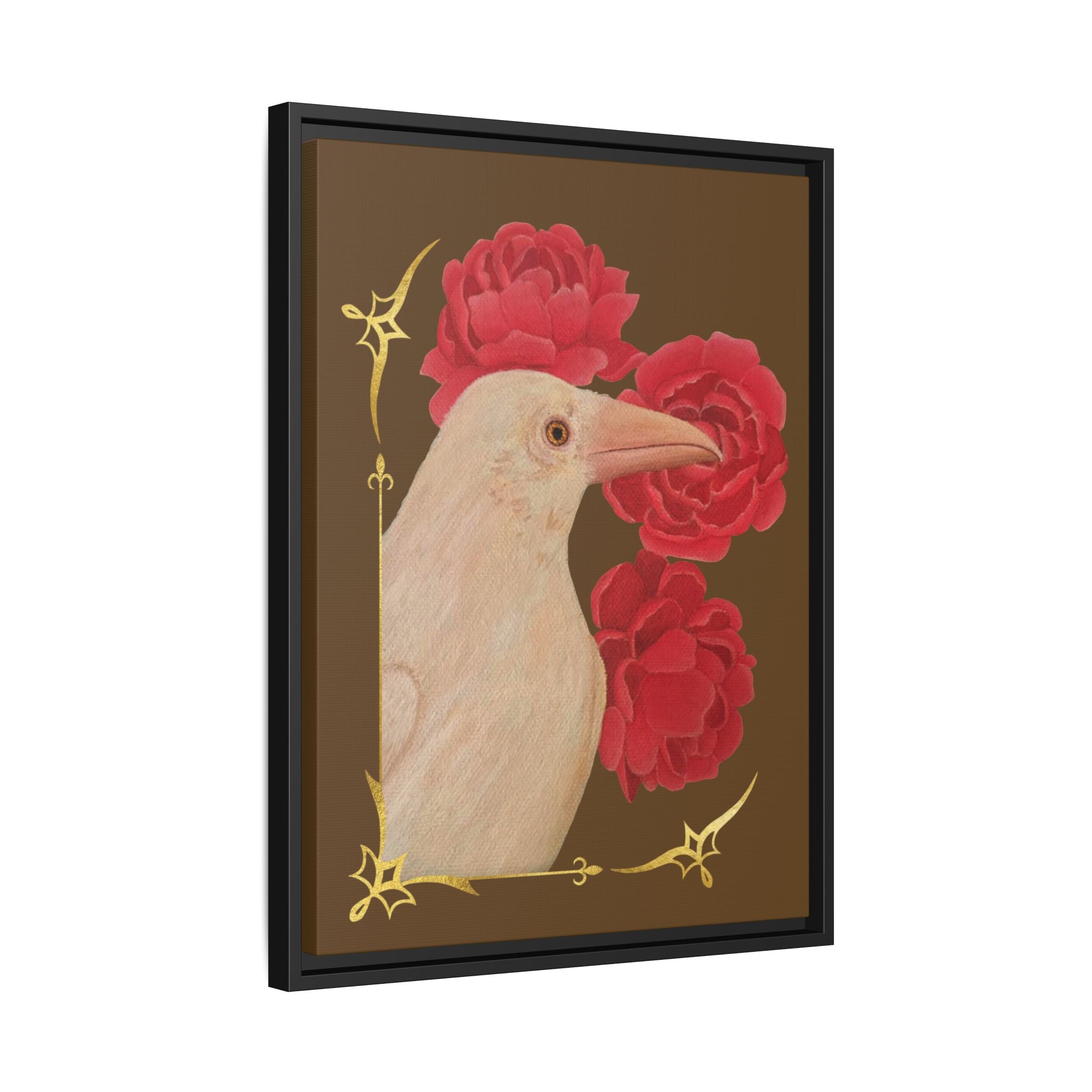 Black framed canvas art print of a white raven beside red peonies flowers.