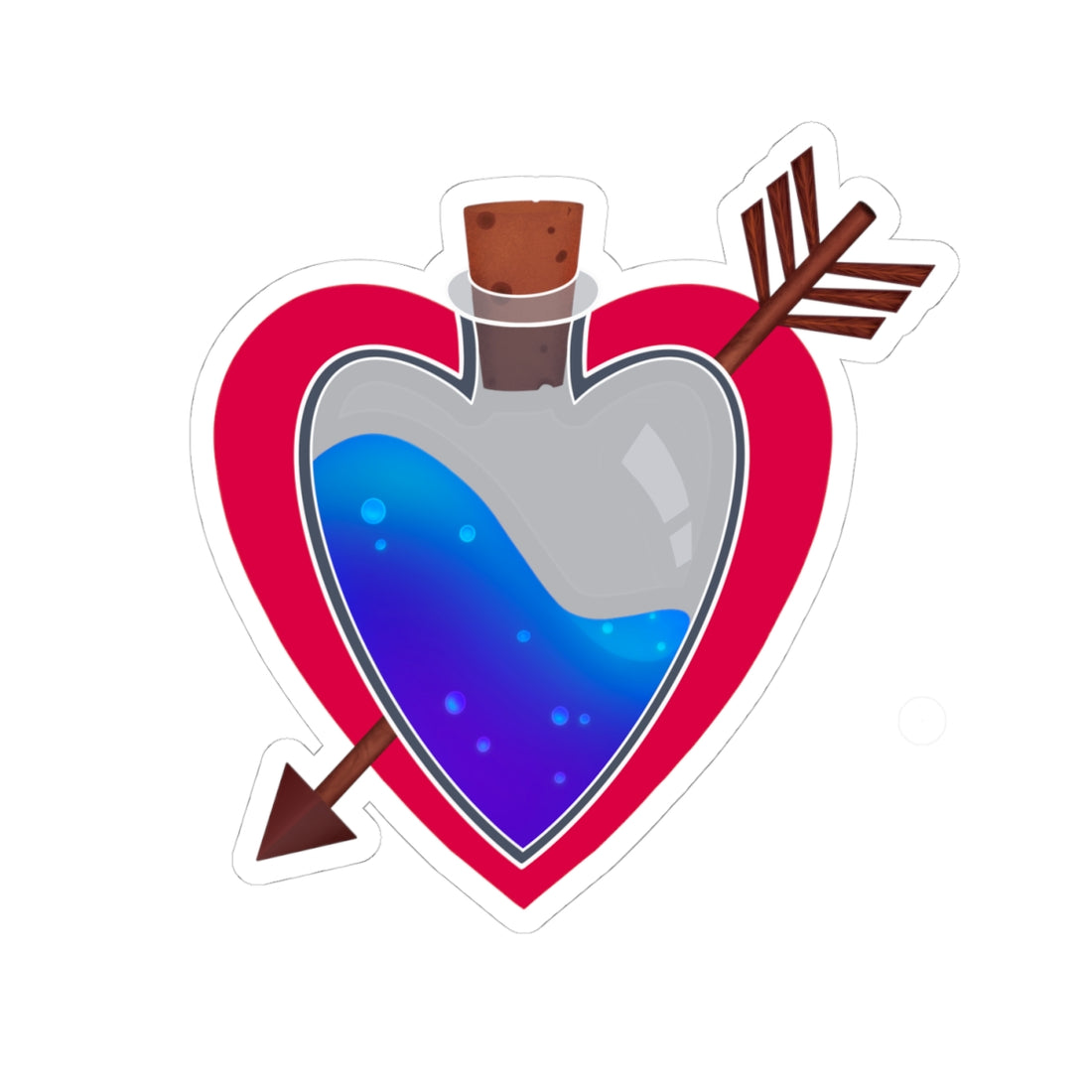 Heart potion sticker design: blue liquid in gray flask, red border, arrow and cupid wings
