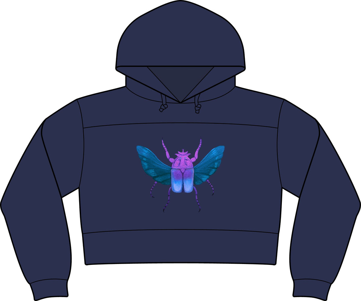 Cropped fleece hooded sweatshirt in dark navy, featuring insect graphic and front pocket.