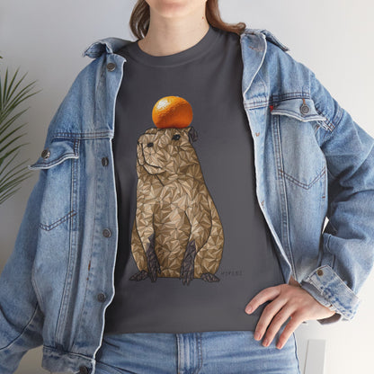 Dark charcoal unisex crewneck T-shirt with orange-capped capybara graphic