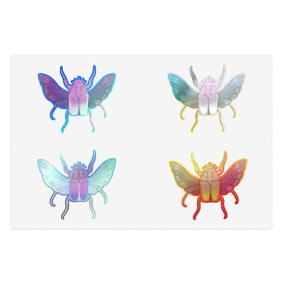 Die-cut insect sticker sheet with four pastel winged beetles in blue, green, and gold.