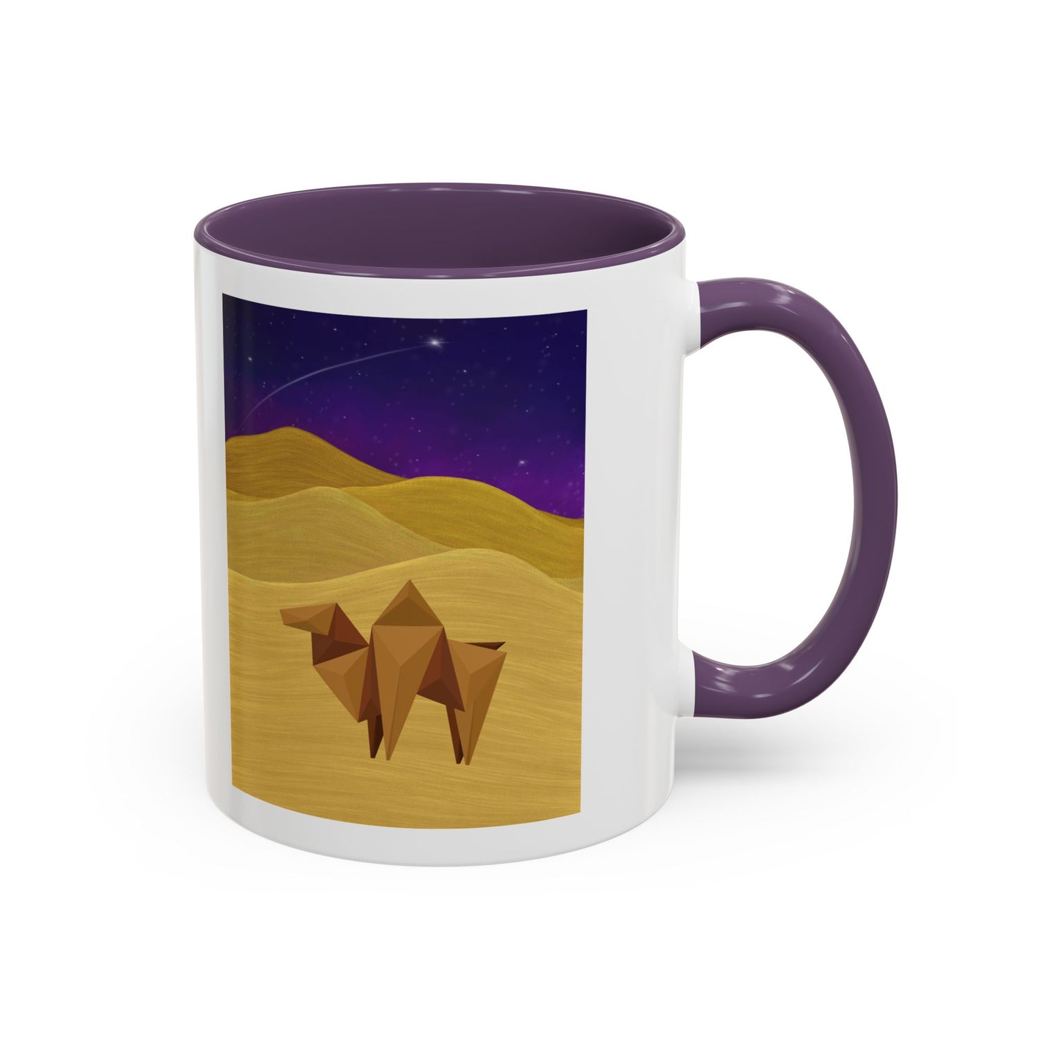 White coffee mug with purple rim and handle; origami camel desert night sky graphic
