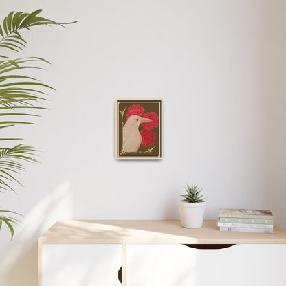 Framed matte canvas wall art with white bird and red peonies, light/beige frame