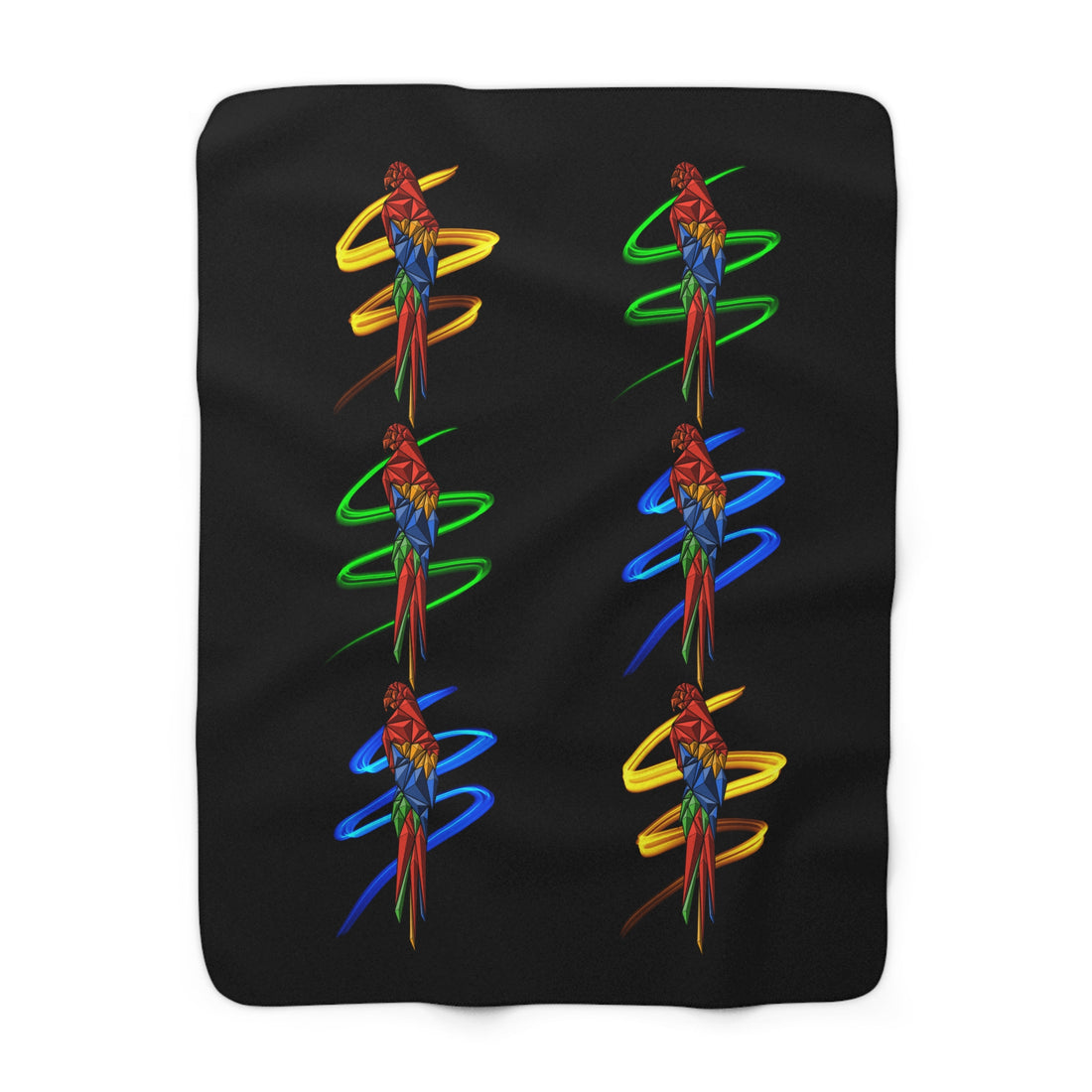 Black sherpa fleece blanket with multicolor parrot spiral motifs, six bird designs
