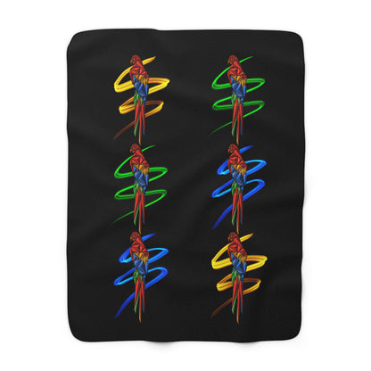 Black sherpa fleece blanket with multicolor parrot spiral motifs, six bird designs