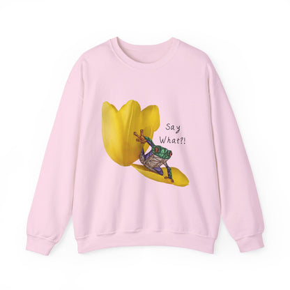 Light pink crewneck sweatshirt with yellow tulip frog graphic and “Say What?!” text