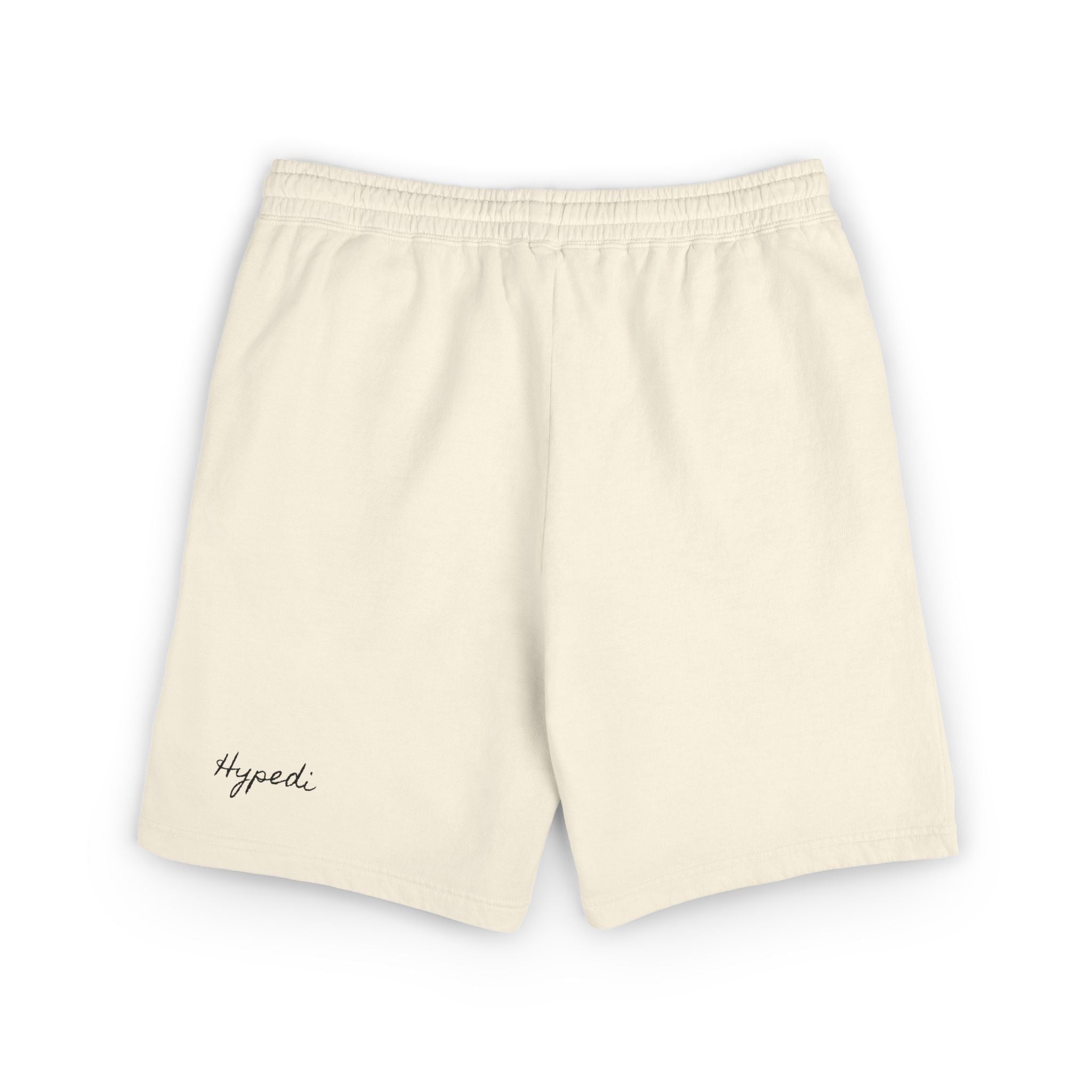 Ivory sweat shorts with elastic waistband and small “Hypedi” text logo