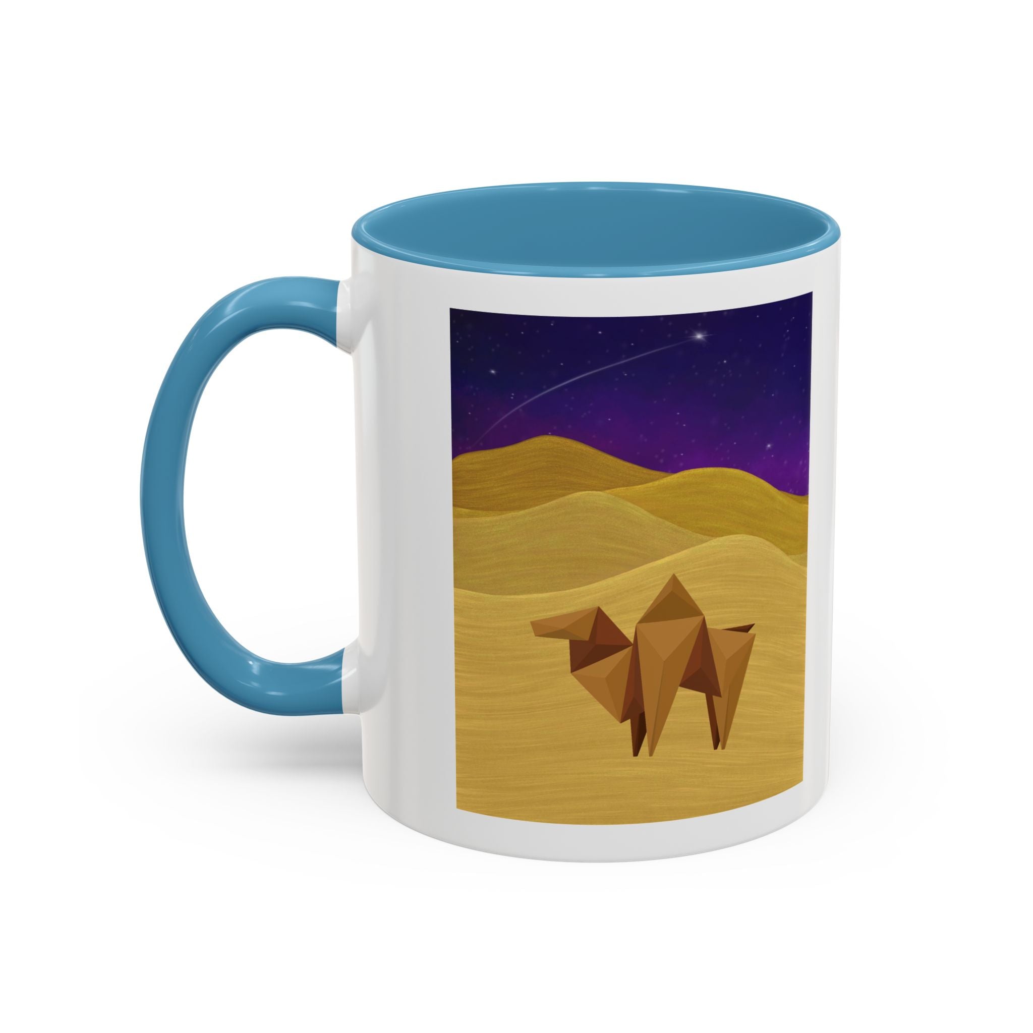 Coffee mug with blue handle and rim, white body, origami camel desert night sky print