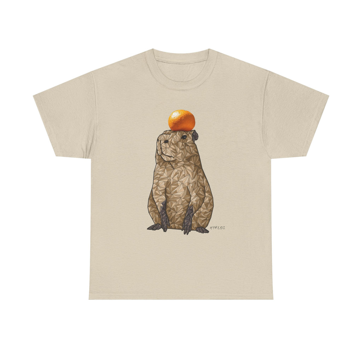 Natural/beige unisex T-shirt with capybara holding an orange graphic on front