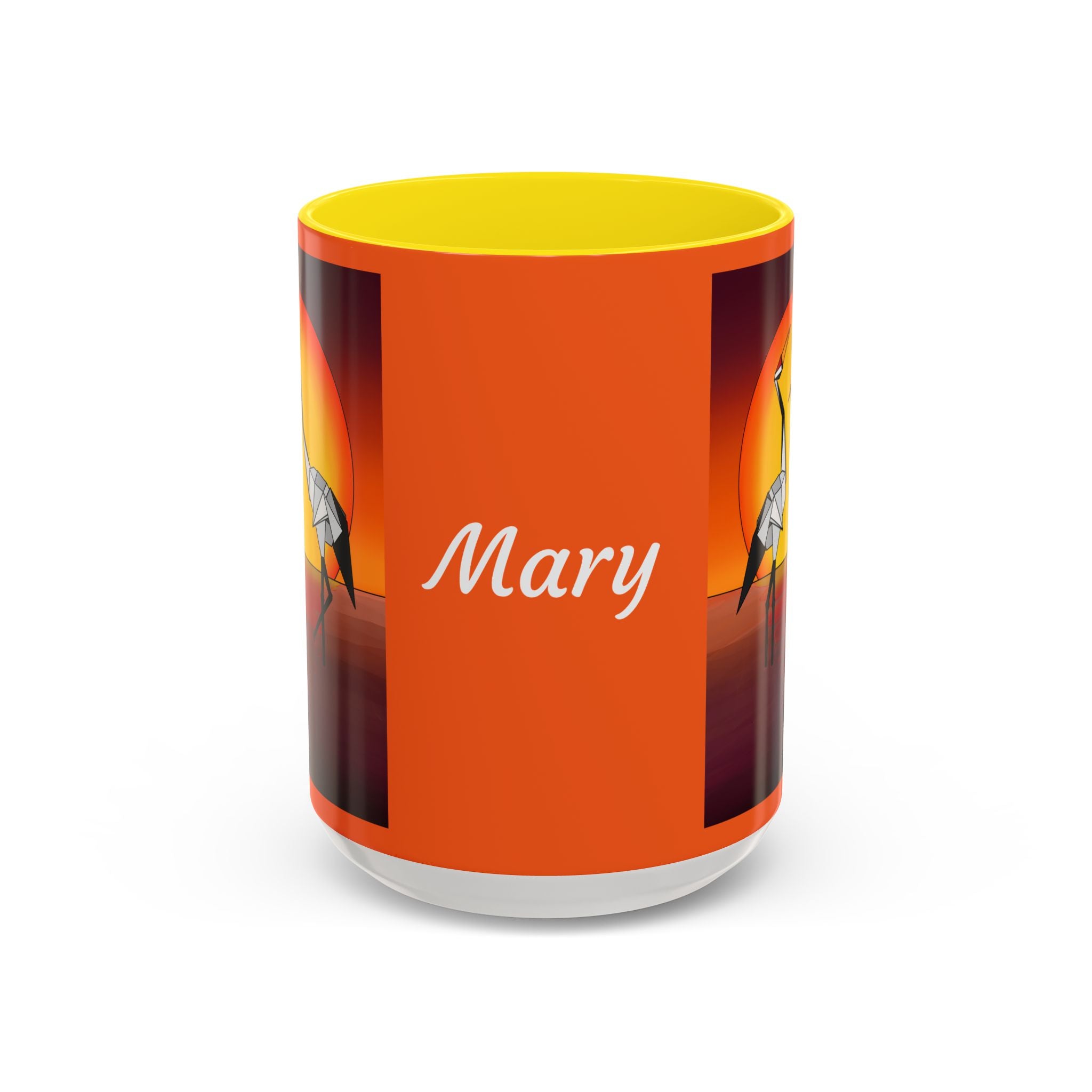 Orange coffee mug with yellow lid, “Mary” text and origami crane artwork on sides