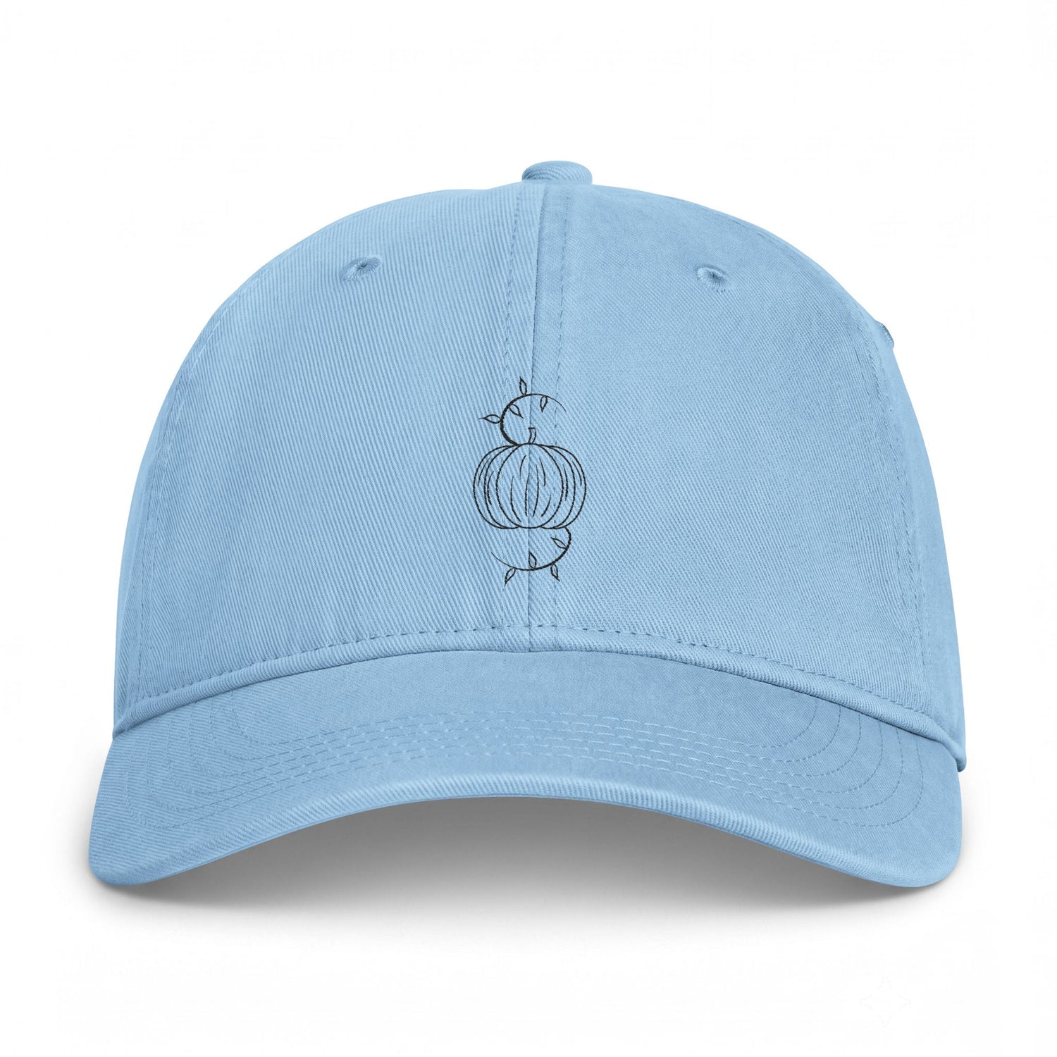 Light blue washed baseball cap with embroidered pumpkin graphic and eyelets