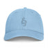Light blue washed baseball cap with embroidered pumpkin graphic and eyelets