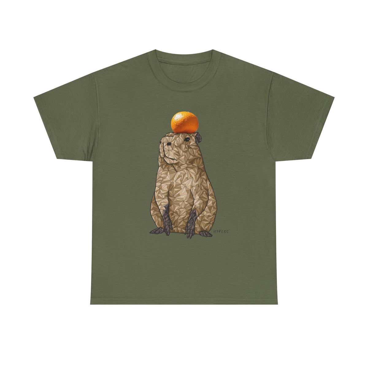 Olive green unisex T-shirt with capybara holding an orange graphic on front