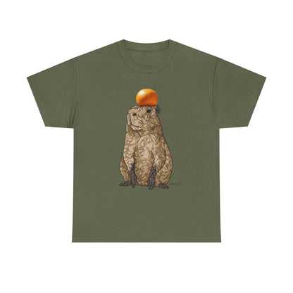 Olive green unisex T-shirt with capybara holding an orange graphic on front