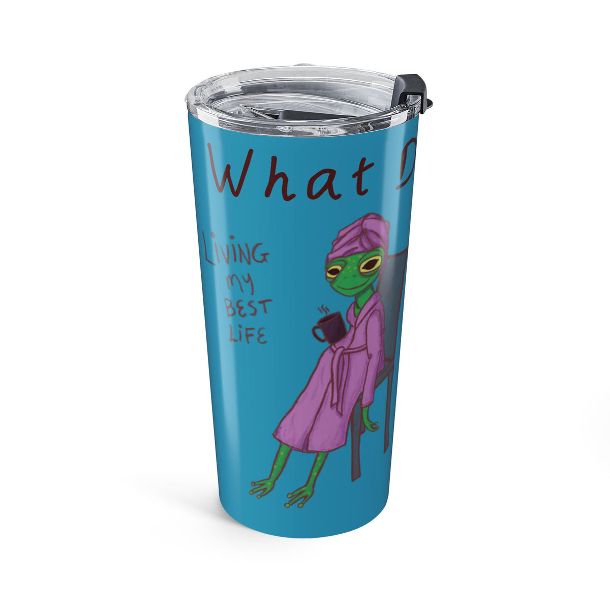 Blue 20oz travel mug with clear flip-top lid and turtle character graphic