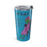 Blue 20oz travel mug with clear flip-top lid and turtle character graphic