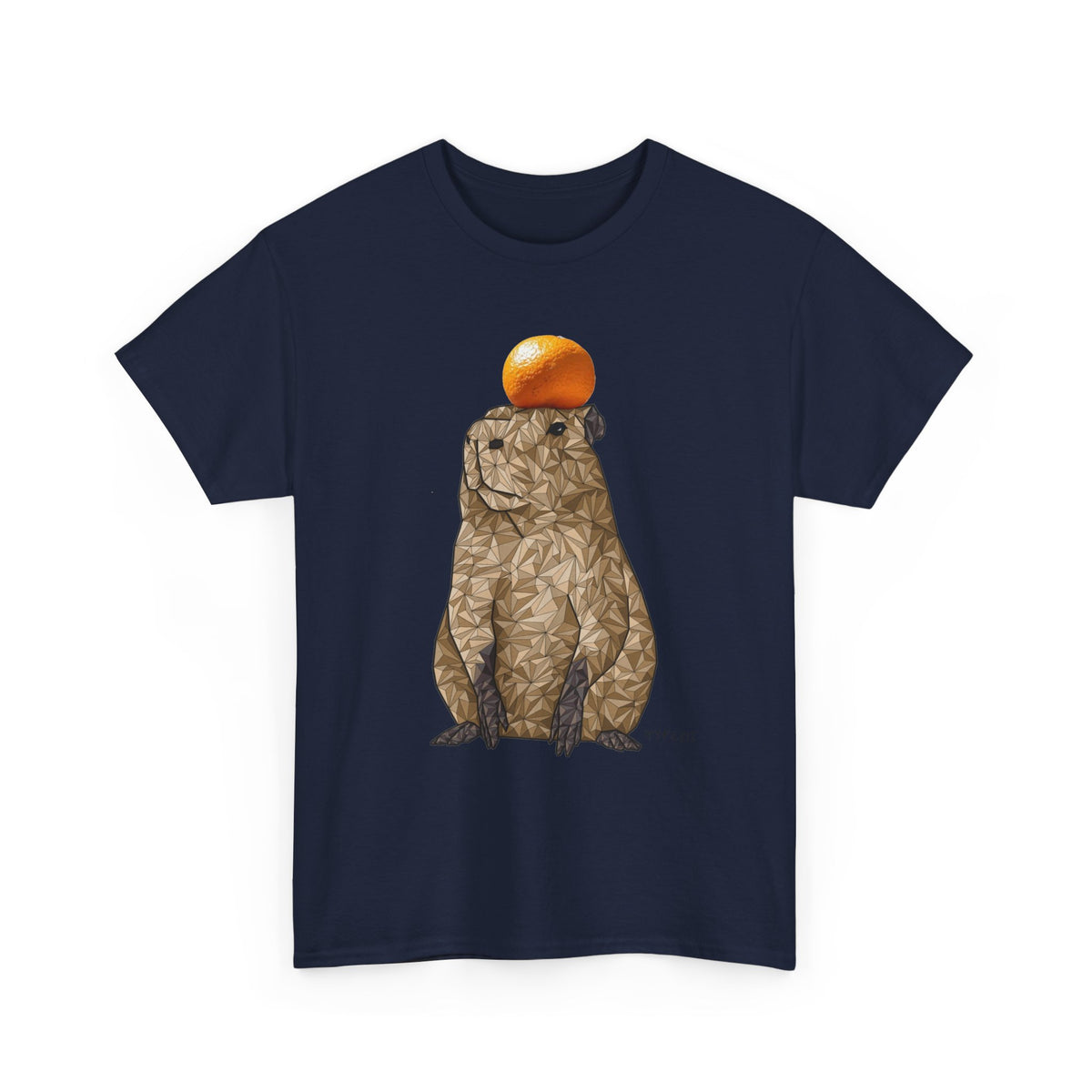 Unisex heavy cotton T-shirt, dark navy blue, capybara graphic with orange top