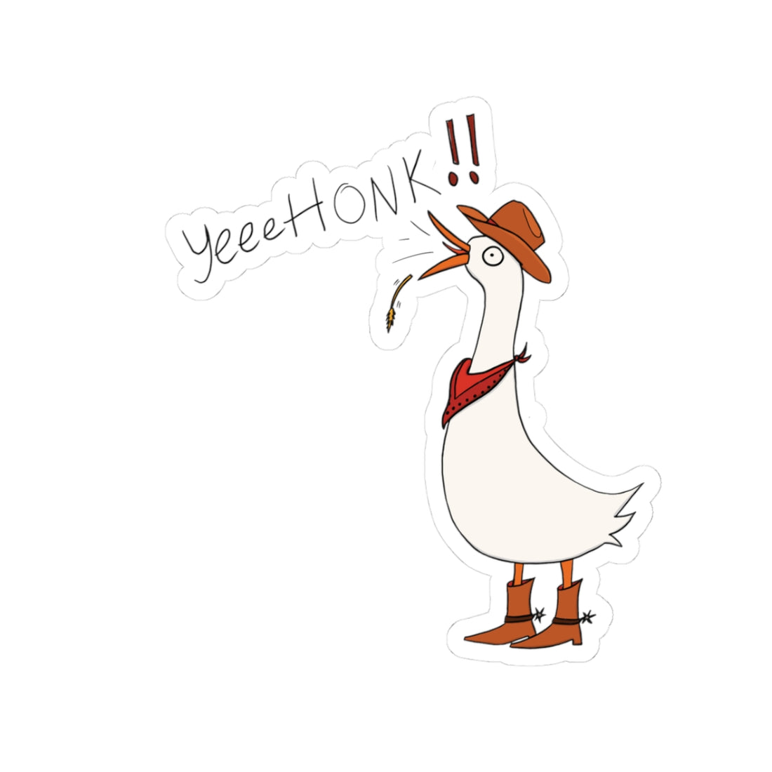 Cowboy goose kiss-cut sticker with brown hat, red bandana, and &
