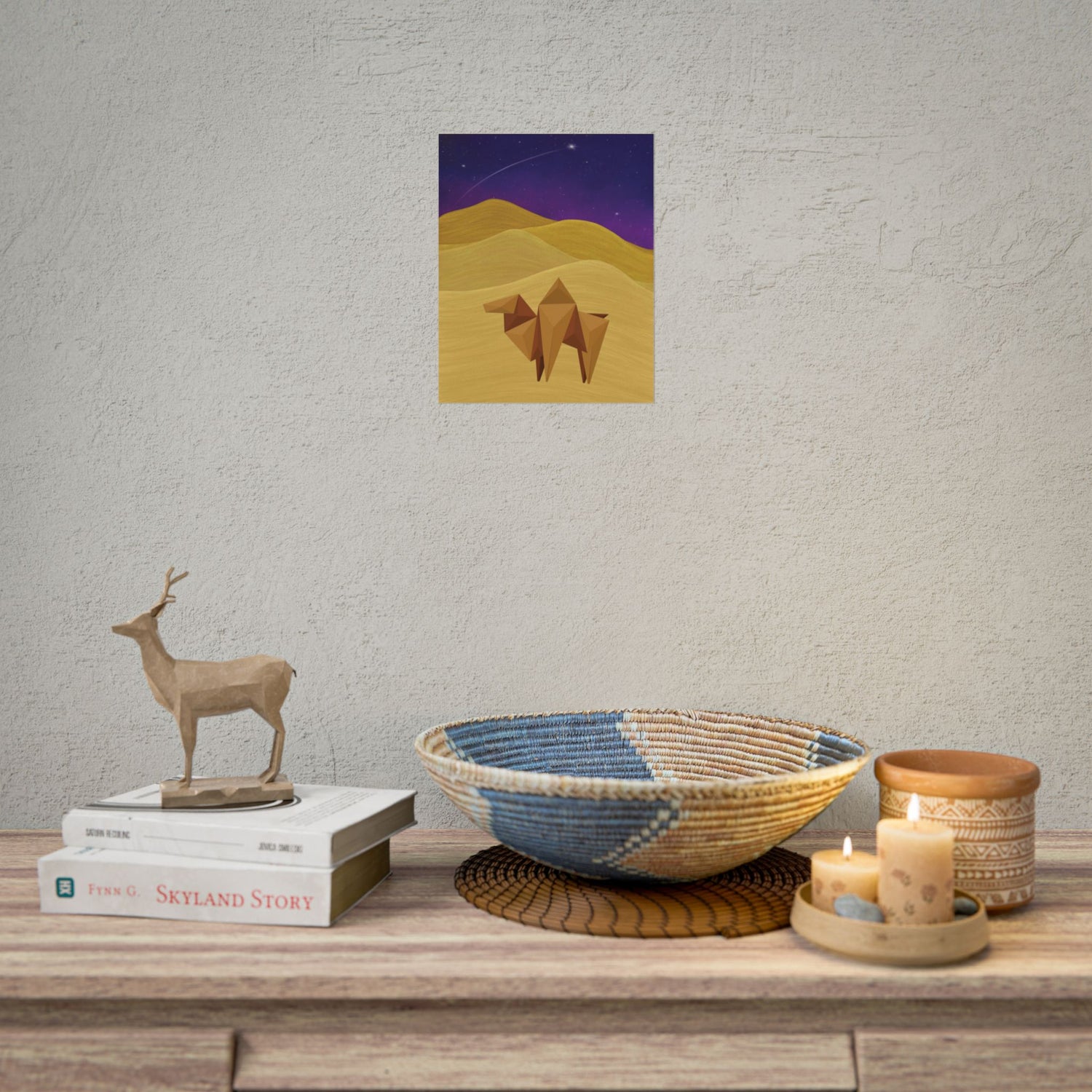 Square camel origami art print on wall with geometric camel and starry purple desert sky