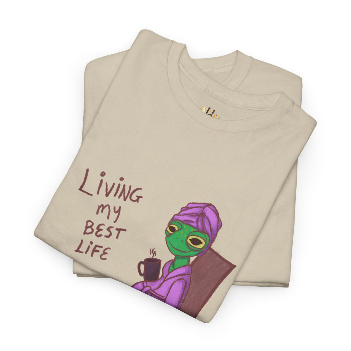 Natural beige crew-neck graphic T-shirt with colorful character and text