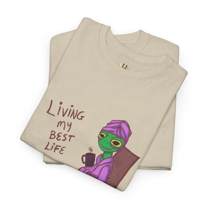 Natural beige crew-neck graphic T-shirt with colorful character and text