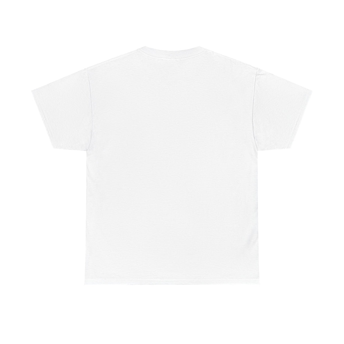 Unisex heavy cotton t-shirt in white, back view, plain crew neck and short sleeves