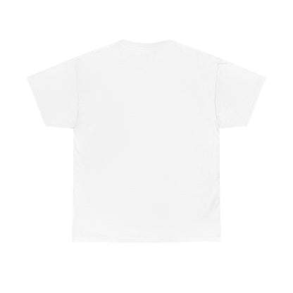 Unisex heavy cotton t-shirt in white, back view, plain crew neck and short sleeves
