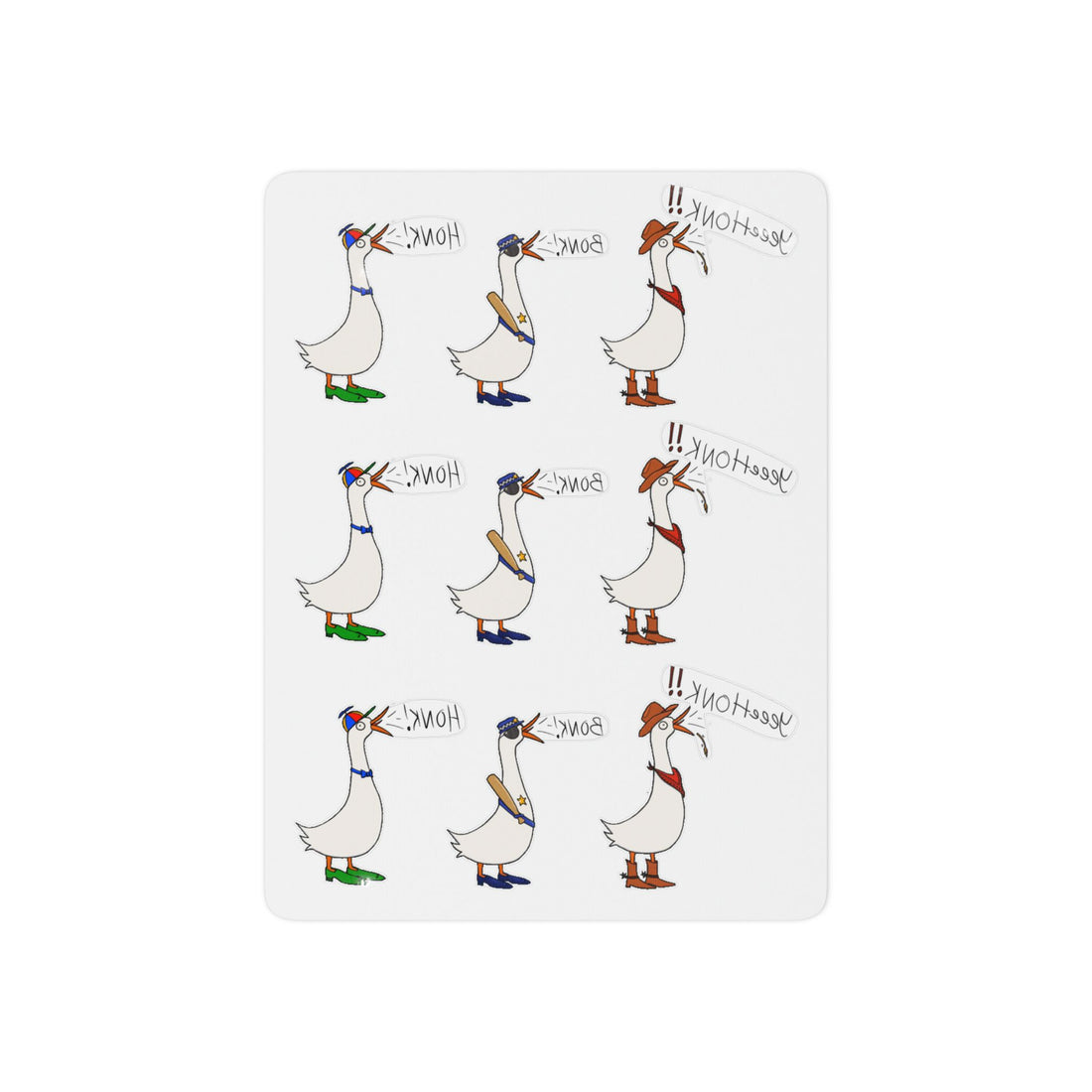 Temporary goose tattoo sheet featuring nine white geese with colorful feet and beaks