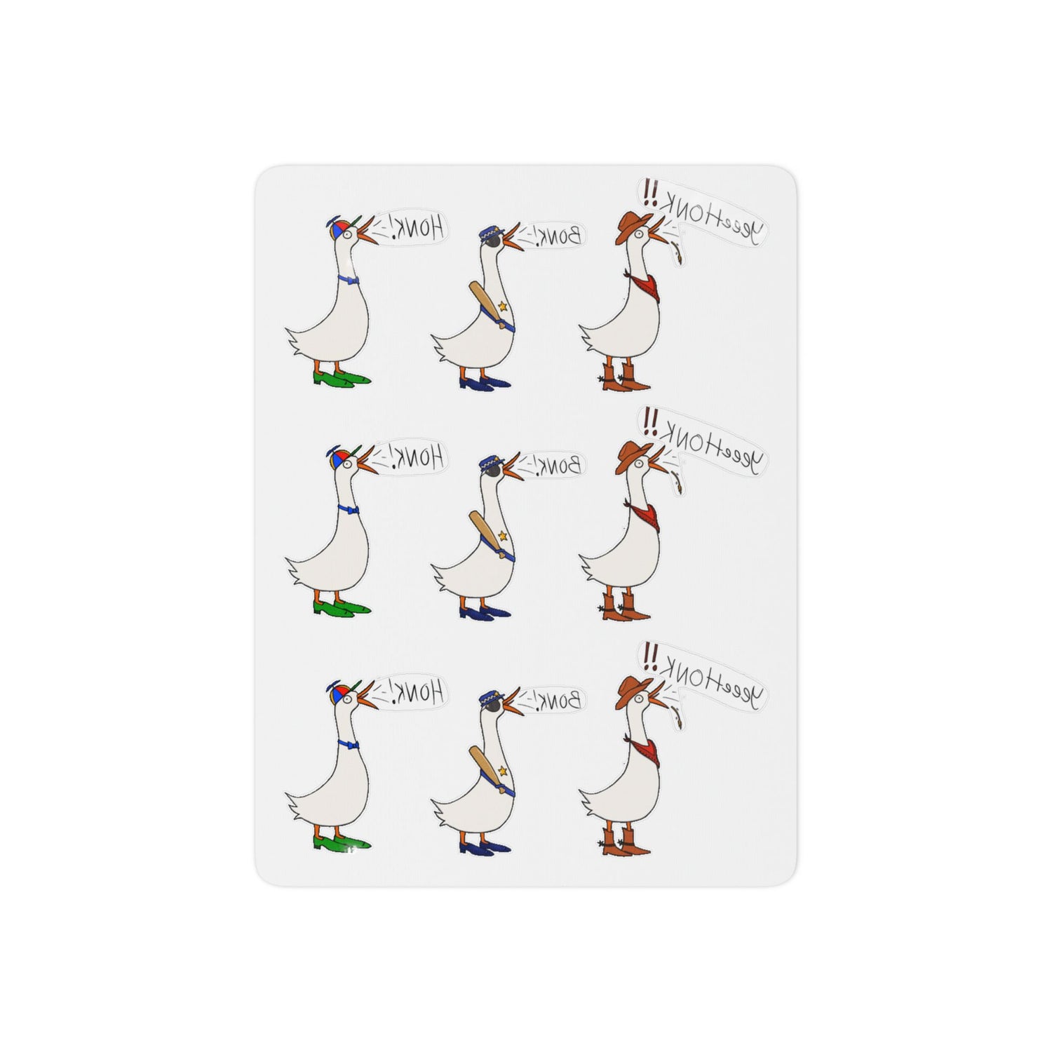 Temporary goose tattoo sheet featuring nine white geese with colorful feet and beaks