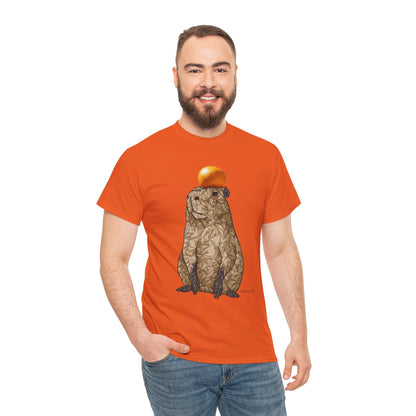 Unisex orange crewneck t-shirt with polygon capybara and orange fruit front graphic