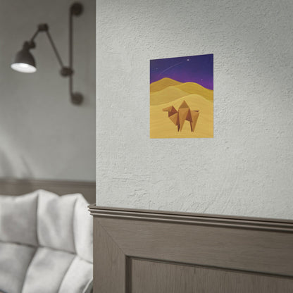 Small wall display of geometric desert camel art print with stars over gold dunes