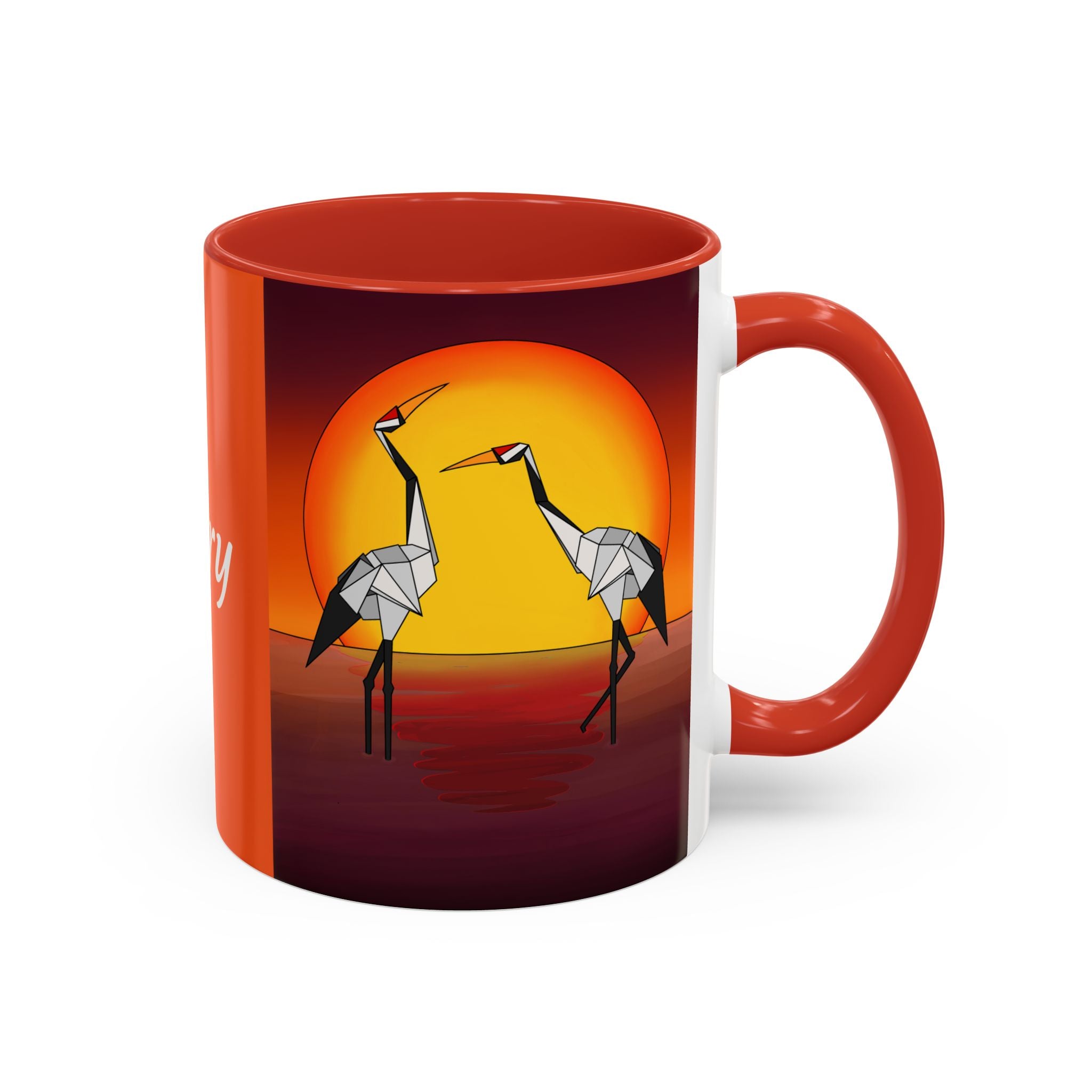 Red coffee mug with origami crane scene, yellow sun circle, and right-side handle