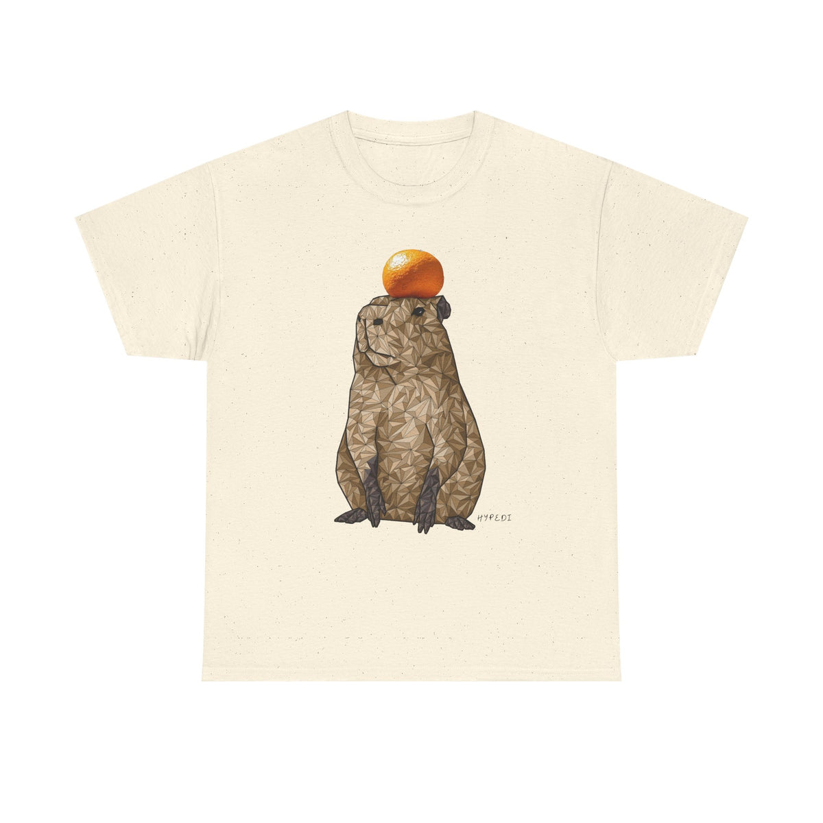 Off-white unisex T-shirt with capybara holding an orange graphic on front