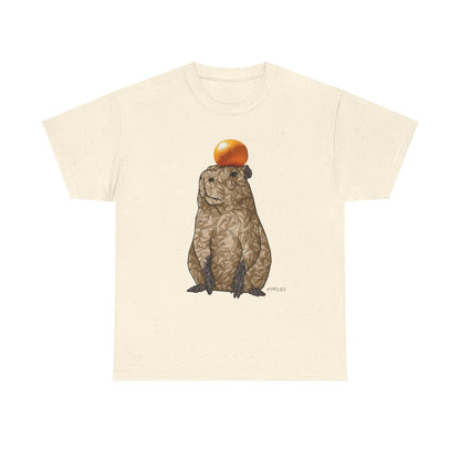 Off-white unisex T-shirt with capybara holding an orange graphic on front