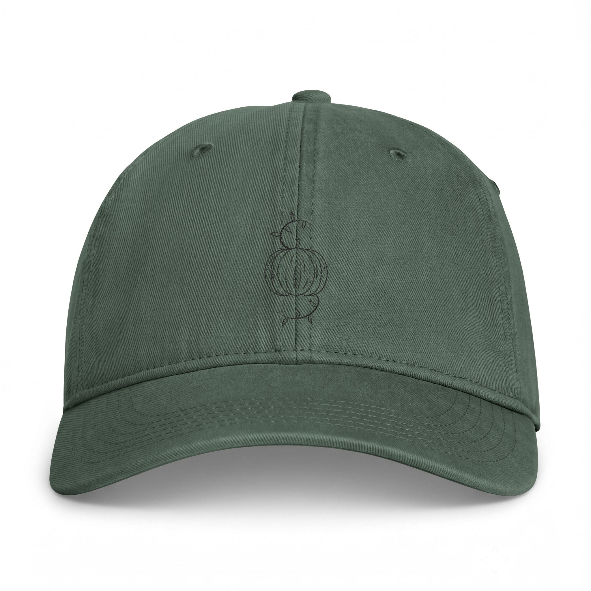 Moss green washed baseball cap with embroidered pumpkin graphic and eyelets